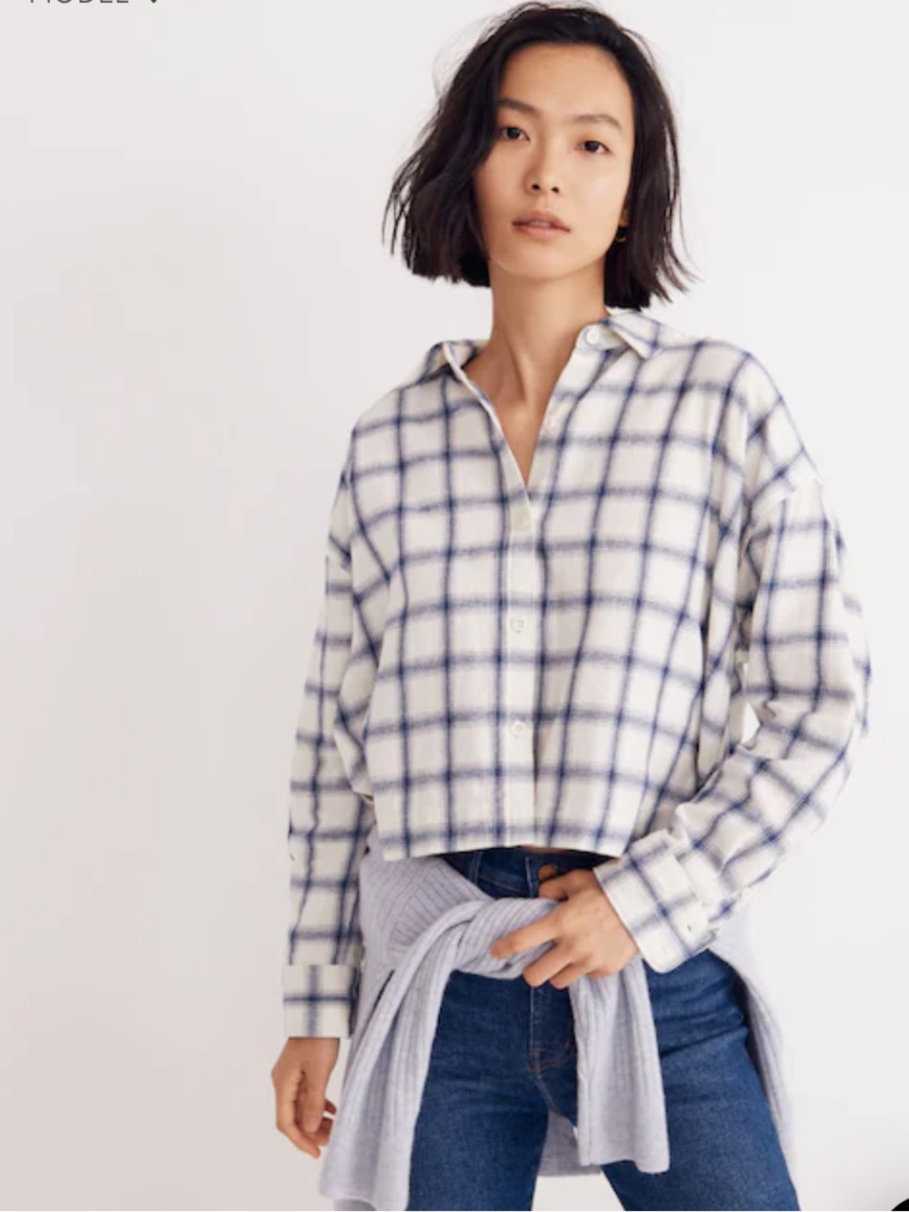 Madewell Flannel Hartfield Crop Shirt Royal Blue Windowpane Plaid Cotton